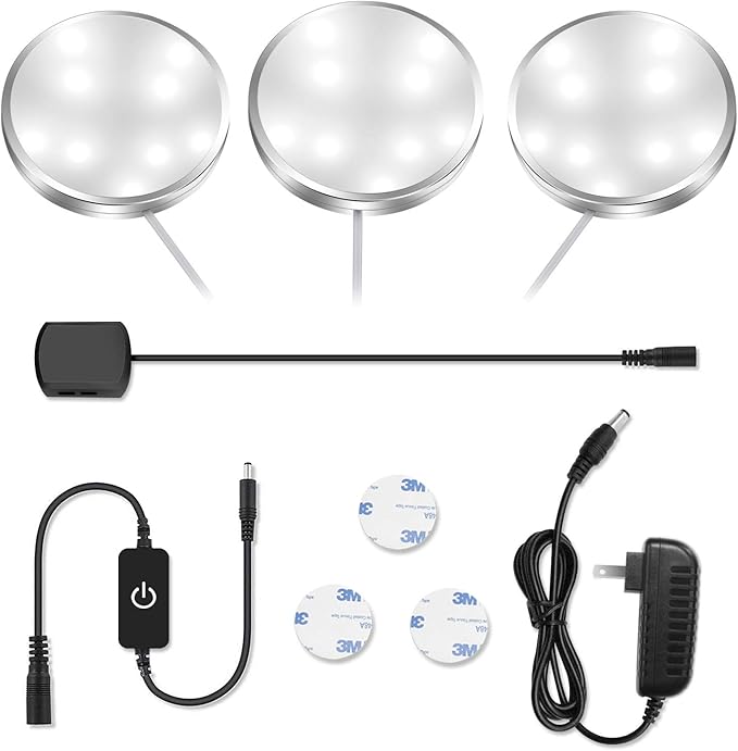 YGS-Tech LED Under Cabinet Lighting Kit, 1020 Lumens LED Puck Light, 5000K Daylight White, CRI90+, Touch Dimming, Silver Trim All Accessories Included, for Kitchen, Closet Lights, Safe Light, 3-Pack