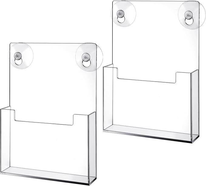 Thyle 2 Pcs Acrylic Brochure Holder with Suction Cups Wall Mount Window 9 x 6 Inch Clear Plastic Pamphlet Organizer Flyer Display Rack for Trifold Page Booklet Sticker Marketing Office Retail Shop