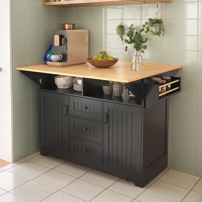 Kitchen Island with 2 Drop Leaf, Home Cart Island on Wheels Foldable Dining Table with Power Outlets,3 Drawers,Storage Cabinet, Tower Rack(Black)