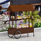 Portable Food Cart with Striped Canopy, Mobile Vendor Display Stand with Lockable Wheels, Iron Outdoor Cart for Market, Street Food or Events(Brown,55.1in)