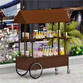 Portable Food Cart with Striped Canopy, Mobile Vendor Display Stand with Lockable Wheels, Iron Outdoor Cart for Market, Street Food or Events(Brown,47.2in)