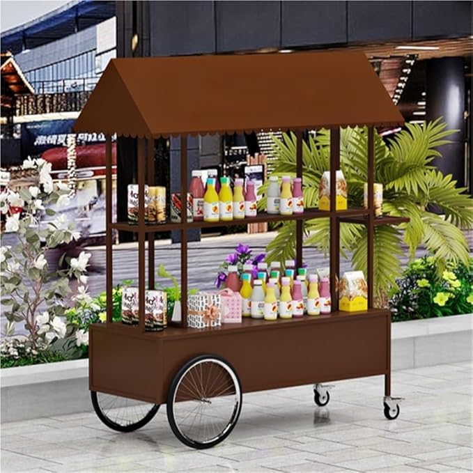 Portable Food Cart with Striped Canopy, Mobile Vendor Display Stand with Lockable Wheels, Iron Outdoor Cart for Market, Street Food or Events(Brown,47.2in)