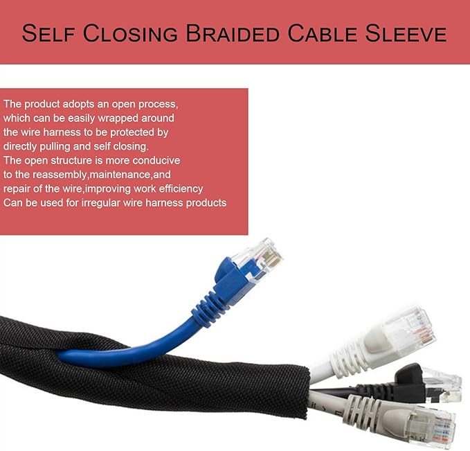Braided Split Wire Loom Black Wire Cover Protective Harness Tubing Cable Management Self Wrap Cord Sleeve Mesh Woven 1/2"-35ft