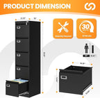 5 Drawer File Cabinet with Lock, Metal Filing Cabinets for Home Office, Vertical Black Locking File Caninet, Steel Narrow Five Drawer File Cabnet for Letter/Legal / A4 / B4- Assembly Required