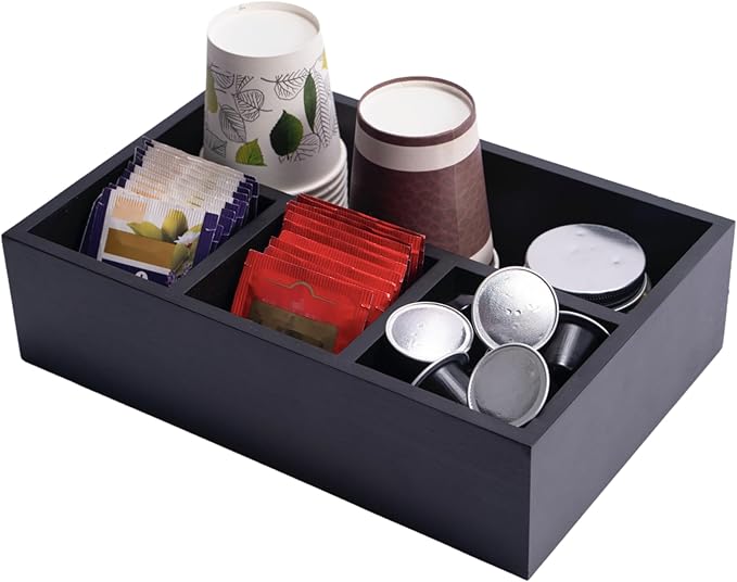 Tea Bag Organizer Wood Black, 4 Compartments Tea Bag Holder, Large Capacity Sugar Packet and Coffee Station Organizer, Tea Bags Caddy Drawer Storage Container for Countertop