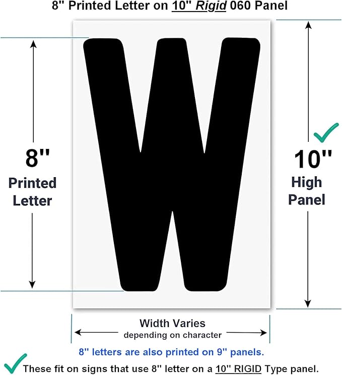 8” on 10 inch Marquee Sign Letters for Outdoor Signs, the 8" Letter printed on 10" high .060 mill thick Rigid acrylic panel, for Reader Boards Signs, Black Letters, Red Numbers, Sign Letter Depot