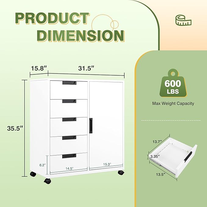 Office Storage Cabinet, 5 Drawer Metal Cabinet, Printer Stand with Storage Shelves, Mobile Storage Cabinet, Craft Storage Drawers for Home (White)