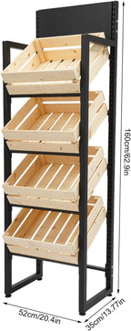 4 Tiers Retail Display Rack, Single Row Wood Market Shelf Commercial Fruit and Vegetable Basket Stand Rack Set Snack Pantry Shelf Unit for Kitchen, Office, Store, Supermarket