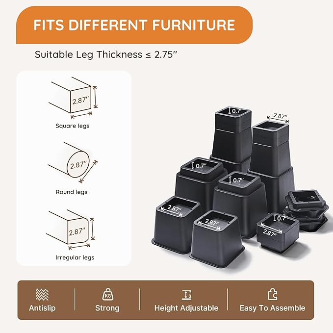Bed Risers, Oversized Furniture Risers, 1/2/3/4/5/6/7/8/9/10 inches Adjustable Raise Blocks for Bed Couch Desk Sofa Table Lifts, Furniture Legs Lifters Support up to 6000 Lbs (Black, 4 Pack Set)