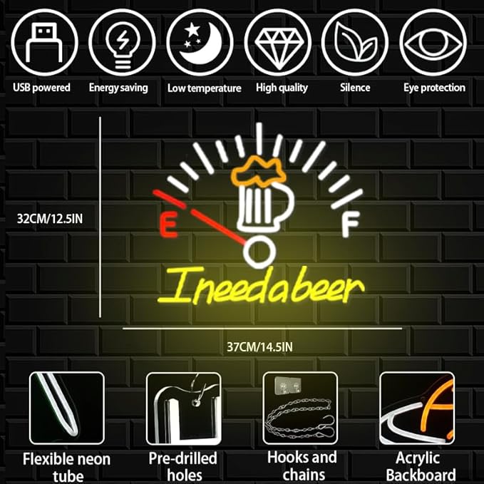 I Need A Beer Neon Sign for Wall Decor, Dimmable Beer LED Neon Light Bar Led Sign for Man Cave, USB Bar LED Light Signs for Bedroom Home Shop Restaurant Hotel Decoration
