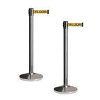 CCW Set of 2 Retractable Belt Barriers Stanchion, Polished Stainless Steel Post, RBB-100 (7.5 Foot Belt, Yellow"Caution - Wet Floor" Black Letters Belt)