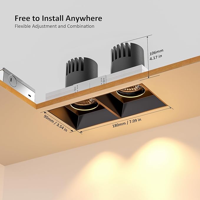 LED Square Recessed Lighting 16 Pack, 24W Aluminum Trimless Downlight, Adjustable Ceiling Light with junction Box, 5 CCT 2700K-6000K, TRIAC Dimming Rotation Spotlight for Living Room Bedroom