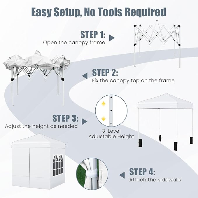 Tangkula 6.5x6.5 FT Pop Up Canopy, UPF50+ Outdoor Canopy Tent with 2 Removable Sidewalls, 2 Zippered Doors, Heavy-Duty Carbon Steel Frame, Wheeled Bag, 4 Sandbags, 8 Stakes, 4 Wind Ropes (White)