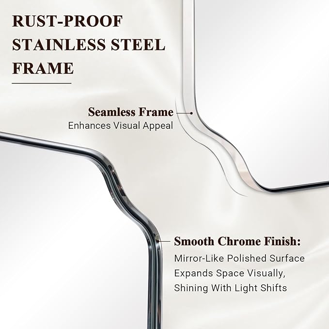 ANDY STAR 30"x55" Large Bathroom Mirror, Chrome Scalloped Mirror for Wall, Full Length Wall Mirror with Unique Notched Corner Design, Hangs Vertically or Horizontally