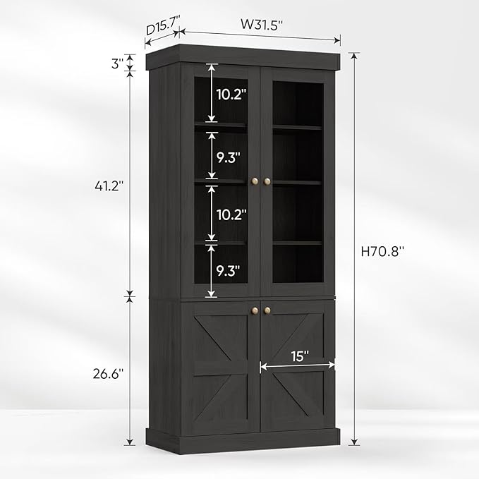 Vyre 71" Tall Farmhouse Bookshelves with Glass Doors, Large Modular Bookcase with Adjustable Shelves, Storage Cabinet for Living Room, Kitchen, Home Office, Black