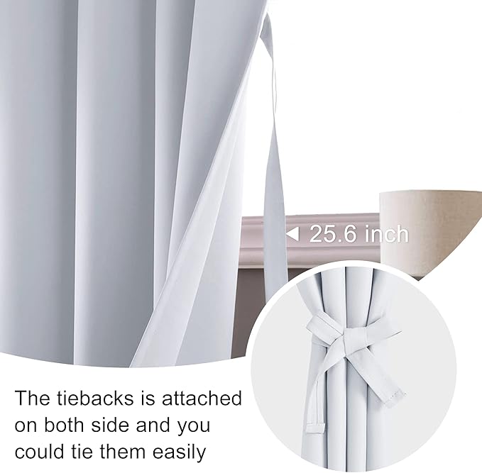 JIUZHEN Curtains for Bedroom - Thermal Insulated Room Darkening Drapes, Rod Pocket Curtains with Tiebacks, Window Panels for Kitchen Dining Room, 38 x 45 Inch Length, Greyish White