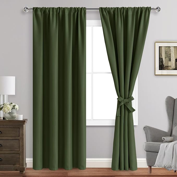 JIUZHEN Christmas Blackout Curtains for Bedroom - Thermal Insulated Room Darkening Rod Pocket Curtains for Living Room, Set of 2 Panels with Tiebacks, 42 x 84 Inch Length, Olive Green