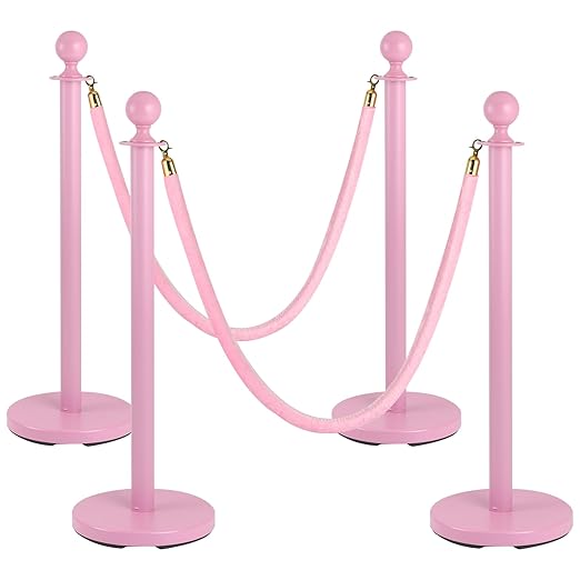 4 Pack Pink Stanchion Post, 5 ft Red Velvet Rope Pink Carpet Ropes and Poles, Stainless Steel Stanchions for Grand Opening Casino Theme Party Decorations Crowd Control Barriers