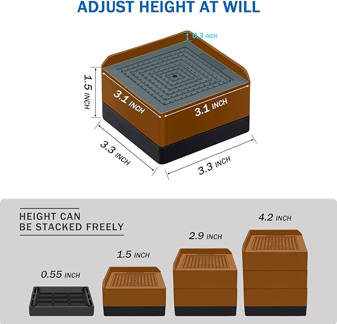 Bed Furniture Risers 1.5 inch, Square Adjustable Risers Blocks for Bed Sofa Table and Couch Lifting，Heavy Duty Support Up to 1,300 Lbs (4 Pack-Brown)