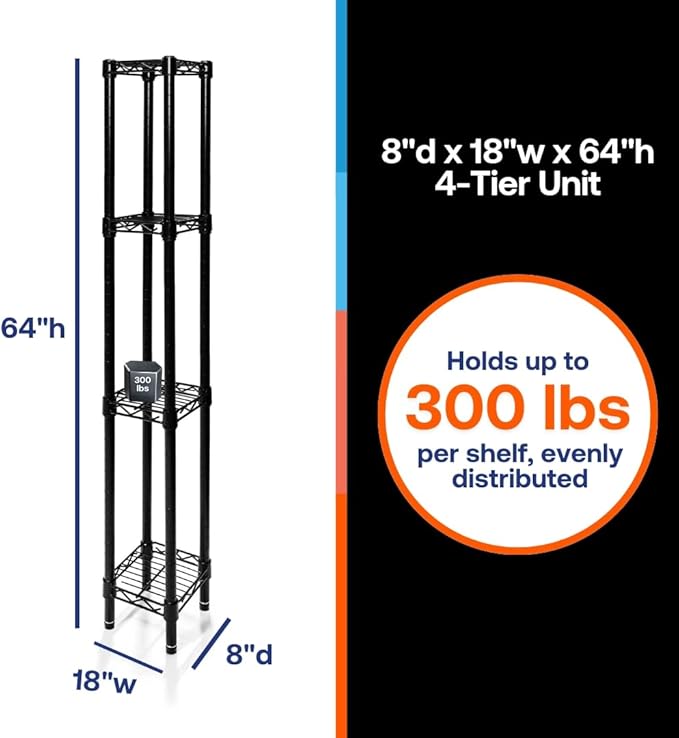 Shelving Inc. 8" d x 18" w x 64" h Black Wire Shelving with 4 Tier Shelves, Weight Capacity 300lbs Per Shelf