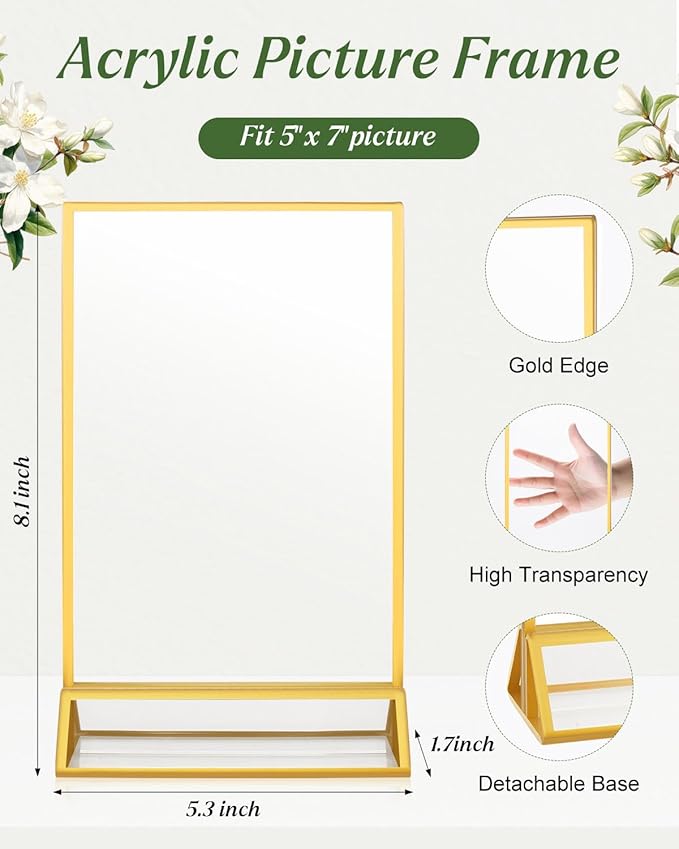 24 Pack 5x7 Gold Acrylic Sign Holders, Double Sided Picture Frame Stands, Clear Table Menu Holder Display Stand for Wedding Table Numbers, Restaurant Signs, Party, Office Photos