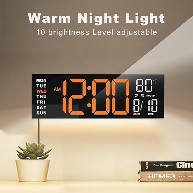 JALL 16" Large Digital Wall Mount Clock, Count Down Timer, Alarm, Big LED, RGB Color, DST, Temperature for Living Room Classroom Desk, Xmas, Birthday Gift for Senior Mom Dad (Orange White, 16 inches)