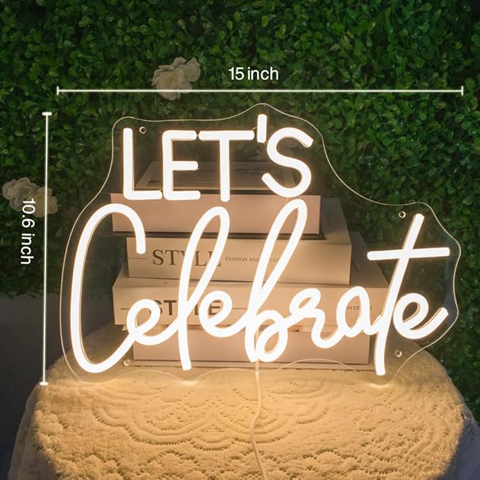 Let's Celebrate Neon Sign Warm White LED Neon Lights for Wall Decor USB-Powered Neon Signs for Living Rooms, Dining Rooms,Thanksgiving and Party Decorations(15"x10.6")