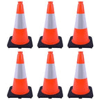 6 Pack 18 Inch Orange Reflective Traffic Cones, Black Base PVC Safety Cones for Construction Sites, Parking Control and Hazard Marking (6, Orange, 18 Inch)