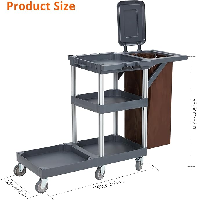 Commercial Janitorial Cart with Wheels, 3-Shelf Cleaning Trolley Cart with 16-Gallon Trash Bag, 220 Lbs Capacity Rolling Housekeeping Carts, Ideal for Hotel,School, Apartments