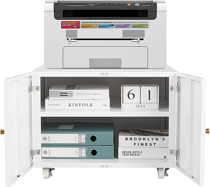 Metal Printer Stand with Storage, Heavy Duty 3D Printer Cabinet on Wheels for Home Office, Table for Printers with Adjustable Shelf Under Desk File Cabinet White 17.7''H