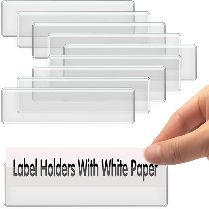 Self Adhesive Label Holders, ELEMGULY 100 Pack Adhesive Shelf Tag Shelf Label Holder Clear Pocket Holder with Paper for Supermarket, Bookshelf, Kitchen (4.3 x 1.2 Inch)