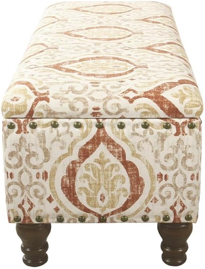 Homepop Home Decor | Upholstered Bench with Nailhead Trim | Large Ottoman with Storage for Living Room & Bedroom | Decorative Home Furniture, Orange and Cream Medallion