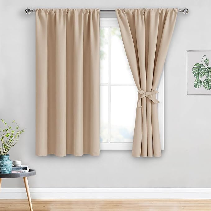 JIUZHEN Blackout Curtains for Bedroom - Thermal Insulated Room Darkening Rod Pocket Curtains for Living Room, Set of 2 Panels with Tiebacks, 38 x 54 inches Long, Beige