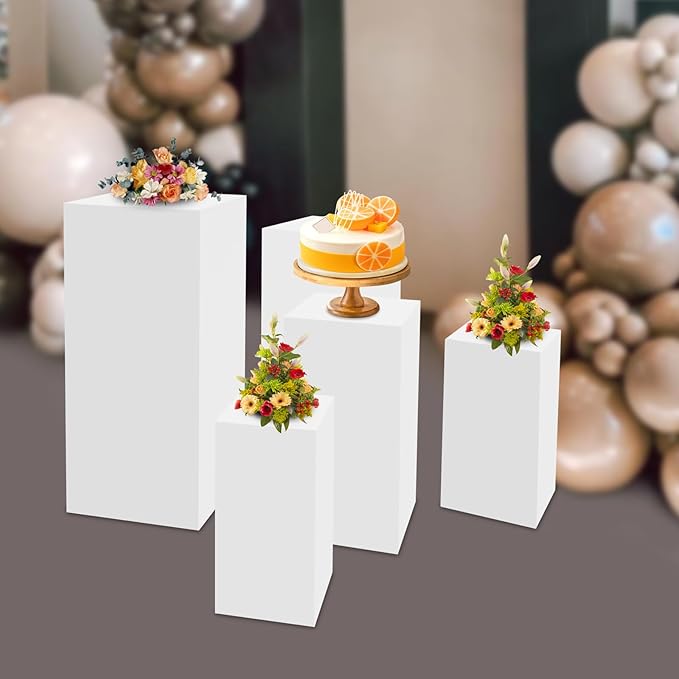 5Pcs White Square Display Pedestal Stands Iron Metal Display Rack, Dessert Table Cube Display Pillars Stand Set with Stable Base for Wedding Party Buffet Bakery Artwork