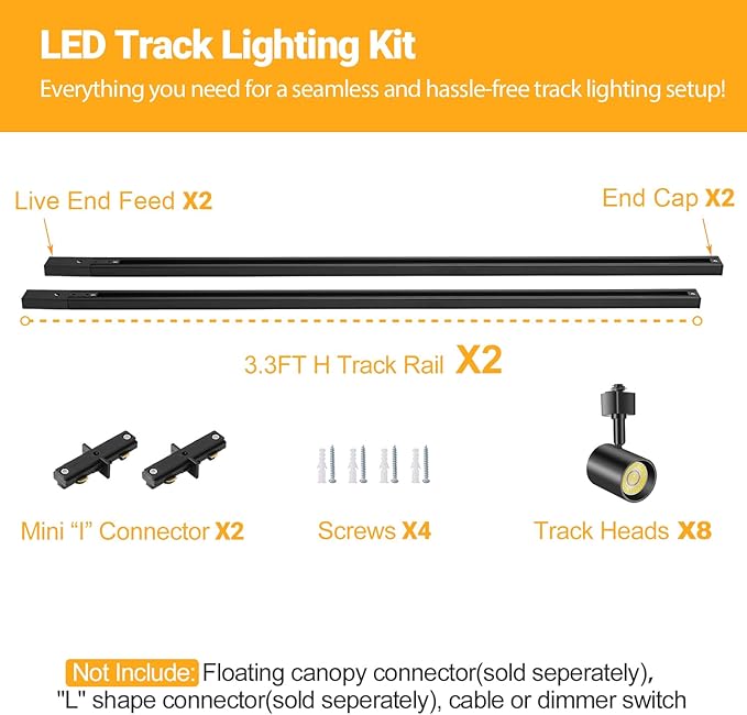 VANoopee 5-Color 8-Light LED Track Lighting Kit with 6.6FT H Type Track Lighting Rail, LED Track Light Heads Dimmable Modern Kitchen Track Lighting Fixtures Ceiling Spotlight, CRI90+ 10W 800lm Black