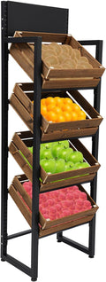 4 Tiers Retail Display Rack, Single Row Wood Market Shelf Commercial Fruit and Vegetable Basket Stand Rack Set Snack Pantry Shelf Unit for Kitchen, Office, Store, Supermarket