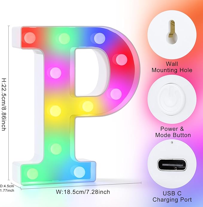 mooncow Rechargeable Light Up Letters,Colorful Marquee Letters with Remote,Gift Wrap Gifts,Bedroom Home Bar Party Decor (P)
