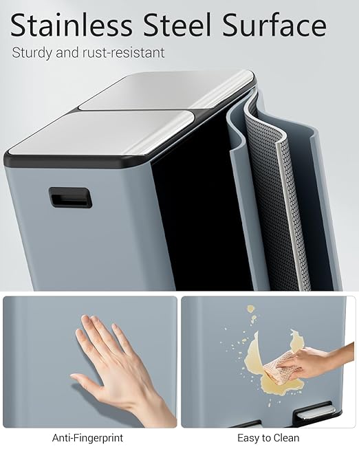 60L Dual Compartment Kitchen Trash Can, Hands-Free Stainless Steel Garbage Bin, Soft-Close Lid, Odor Control, Inner Bucket, Haze Blue, Perfect for Waste Sorting