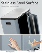 60L Dual Compartment Kitchen Trash Can, Hands-Free Stainless Steel Garbage Bin, Soft-Close Lid, Odor Control, Inner Bucket, Haze Blue, Perfect for Waste Sorting
