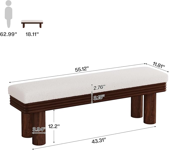 Tribesigns 55-Inch Upholstered Entryway Bench, Modern Shoe Bench with Faux Shearling Padded Seat, Upholstered End of Bed Stool for Bedroom, Entrance, Living Room (White & Dark Walnut)