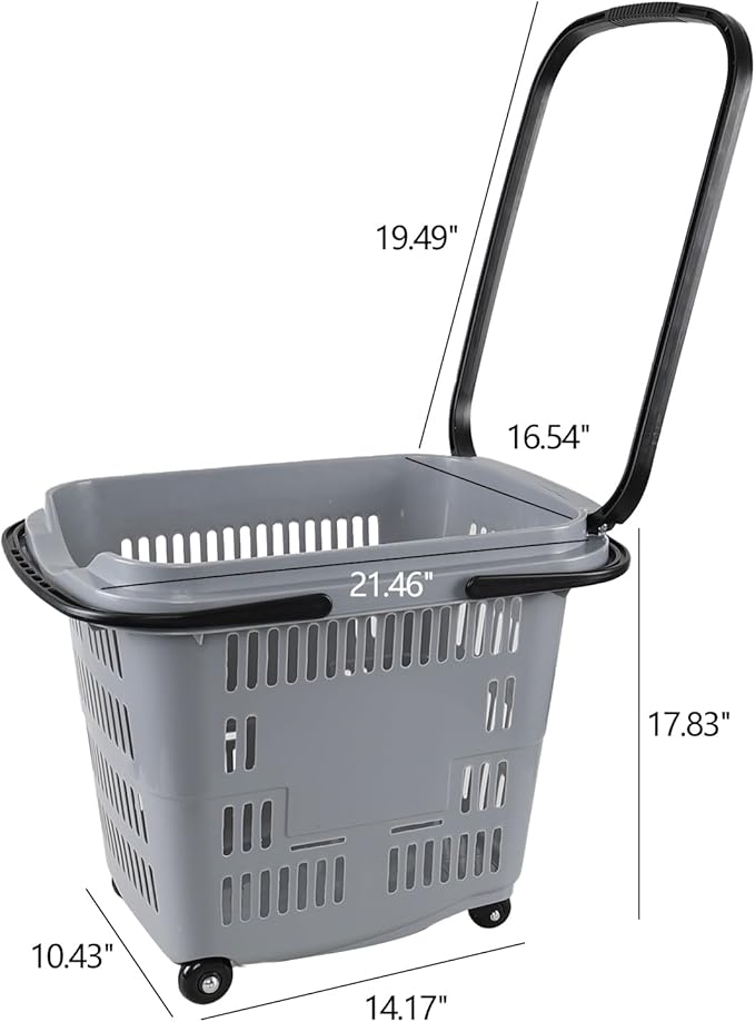 50 L Plastic Rolling Shopping Basket with Handle, 4 Pcs Large Plastic Shopping Baskets with Handles and Wheels, Gray