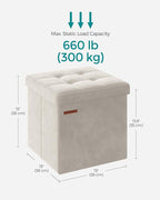 SONGMICS Small Storage Ottoman, Folding Ottoman Cube, 15 x 15 x 15 Inches, Footstool, Footrest, 11 Gal. (43 L), Velvet Surface, for Bedroom, Living Room, Dorm, Cream White ULSF227W01
