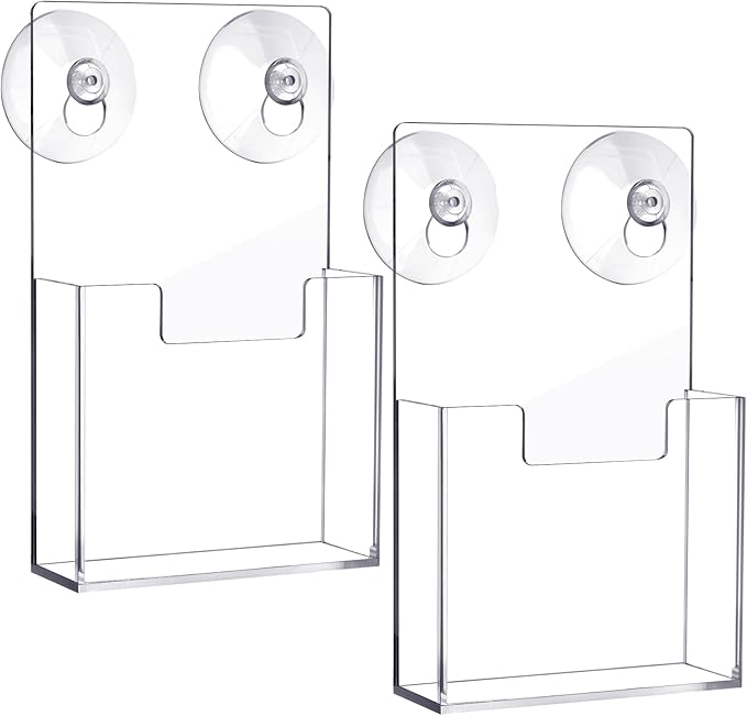 Thyle 2 Pcs Acrylic Brochure Holder with Suction Cups Wall Mount 7.4 x 4.2 Inch Window Clear Plastic Pamphlet Organizer Flyer Display Rack for Trifold Page Booklet Sticker Marketing Office Retail Shop