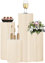 4Pack Cylinder Stands for Party, Foldable Cardboard Columns with 4 Clear Round Top Plates, Cake Display Pedestal Stand for Wedding Banquet Vendor Events Decorative