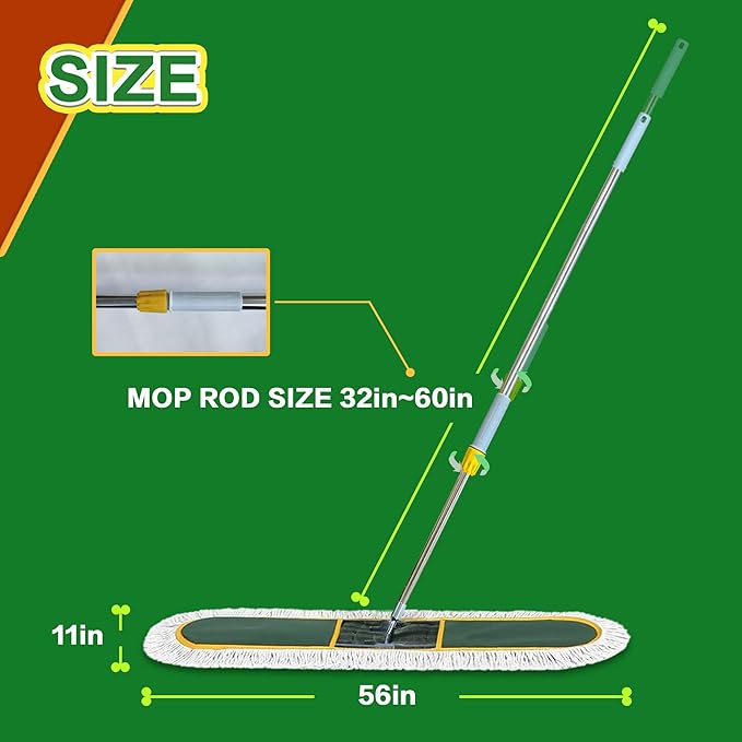 48-Inch Commercial Dust Mop for Hardwood Floors, Large Dry Mop with 2 Pcs Reusable Cotton Yarn Head, Telescopic Stainless Steel Handle - Ideal for Industrial Floor Cleaning, Marble,