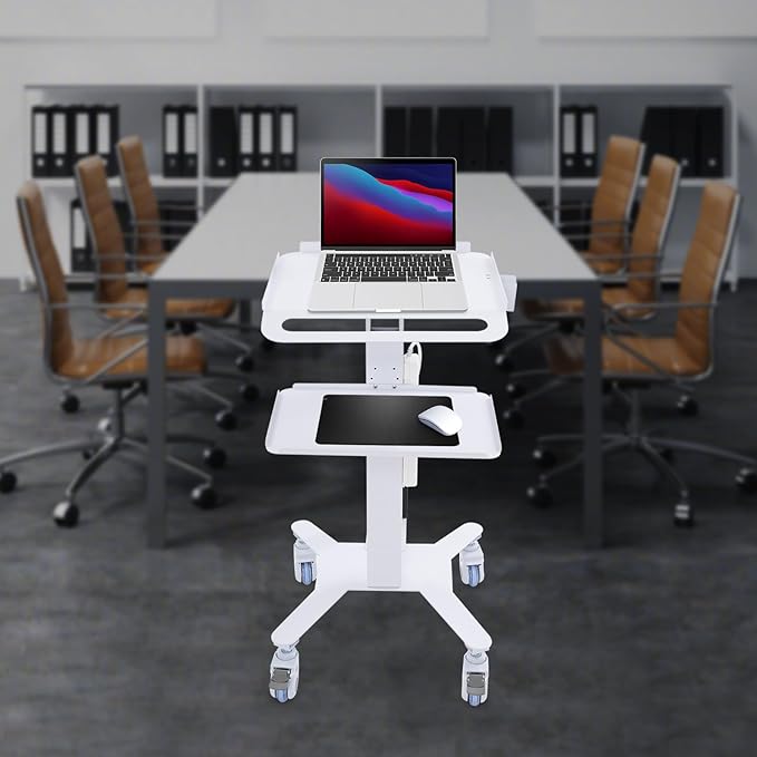 Computer Cart Mobile Standing Workstation with Power Strip, Salon Spa Beauty Machine Trolley Stand, Adjustable Height Computer Cart with 4 Wheels for Placing Computers, Mainframes