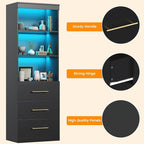 Winkalon 71“H Black Bookshelf with LED Light, Bookcase and Bookshelf with Drawers, Tall Bookcase Tall Storage Cabinet 3-Tier Open Shelves for Home Office Living Room Bedroom, 15.8"D x 23.6"W x 70.9"H