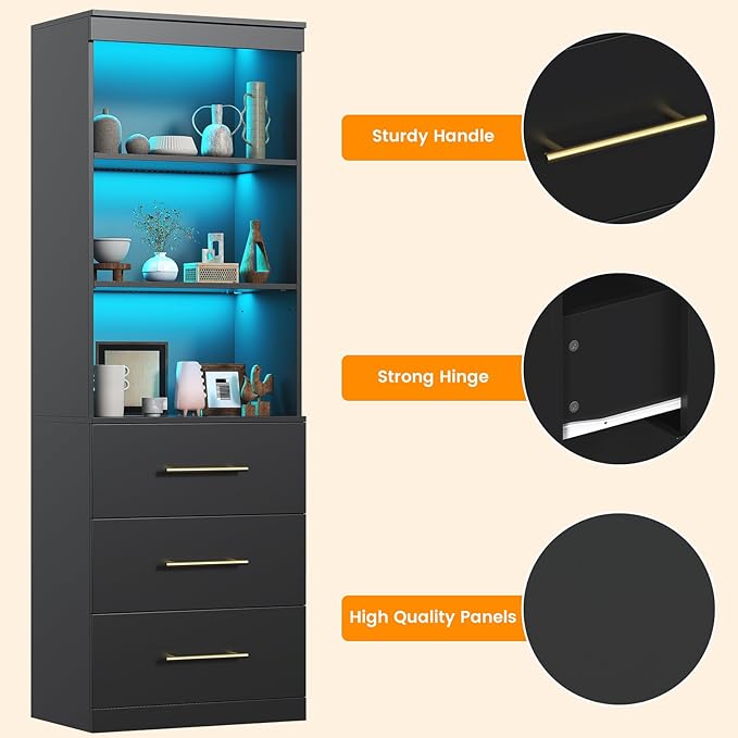 Winkalon 71“H Black Bookshelf with LED Light, Bookcase and Bookshelf with Drawers, Tall Bookcase Tall Storage Cabinet 3-Tier Open Shelves for Home Office Living Room Bedroom, 15.8"D x 23.6"W x 70.9"H