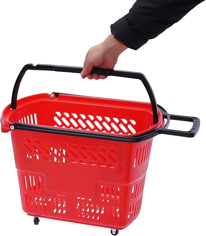 6PCS 35L Rolling Shopping Baskets with Wheels Portable Grocery Basket Set with Handles Plastic Shopping Cart for Supermarkets, Retail Stores, Bookstores (Red)