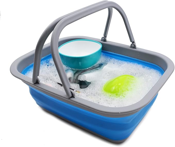 SAMMART 9.2L (2.37Gallon) Collapsible Tub with Handle - Portable Outdoor Picnic Basket/Crater - Foldable Shopping Bag - Space Saving Storage Container (Bluish-Green & Blue, 2)